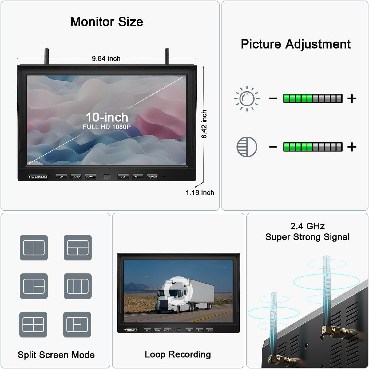 Fookoo HD 10" Magnetic Wireless Backup Camera,10" IPS Split Screen Monitor, Rechargeable 2 Side