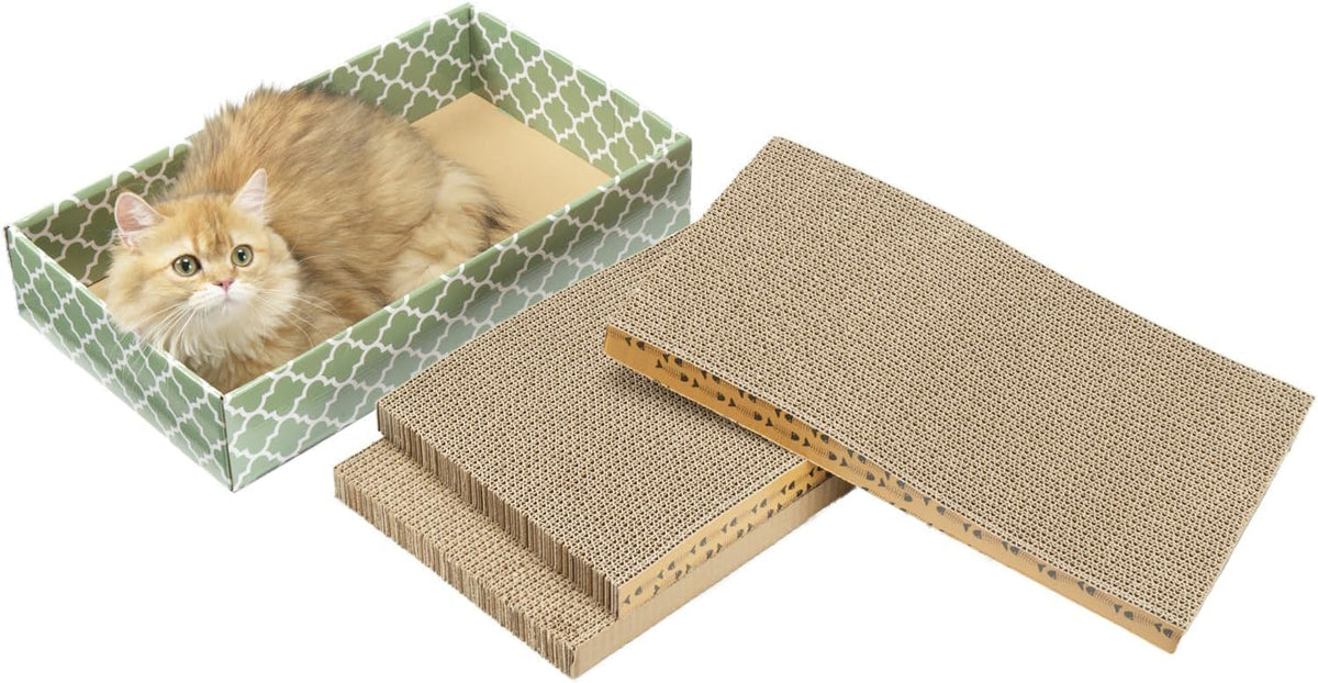 MECOOL Cat Scratching Board，3PC Scratch Pad with Box，Reversible Corrugated Scratcher Cardboard and
