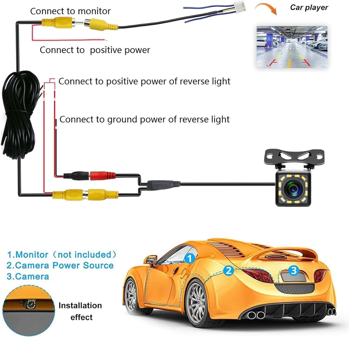 Car Backup Camera Rear View Camera 12-LED Night Vision Waterproof Reverse Camera 170° Wide View