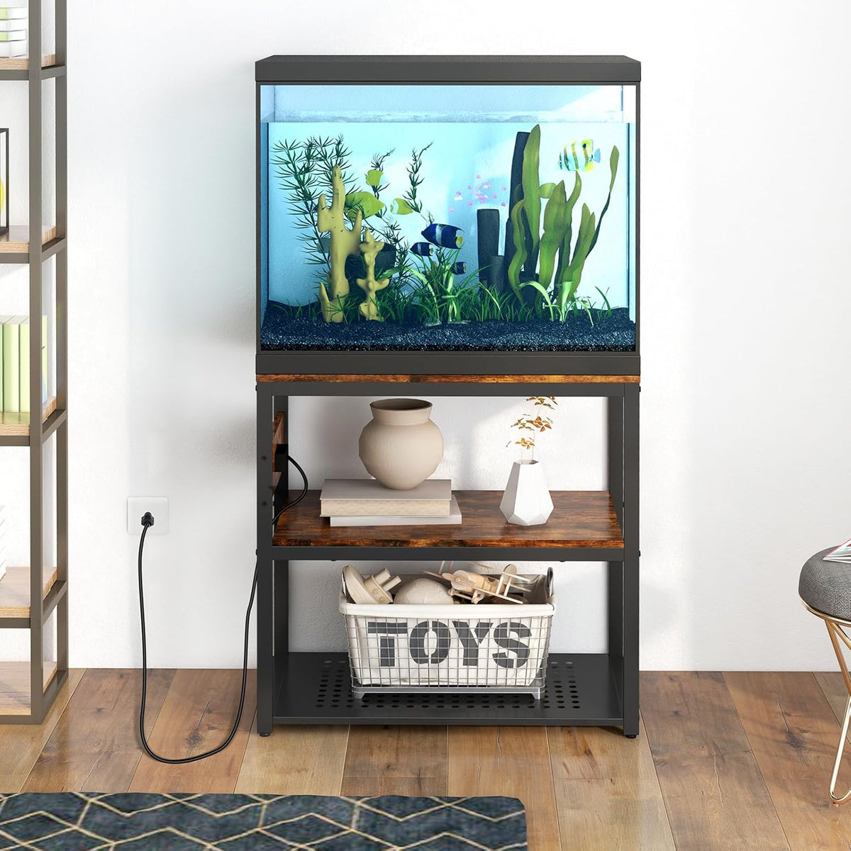 20-29 Gallon Fish Tank Stand With Power Outlets, 3-Tier Metal Aquarium Stands, Breeder Reptile Tank