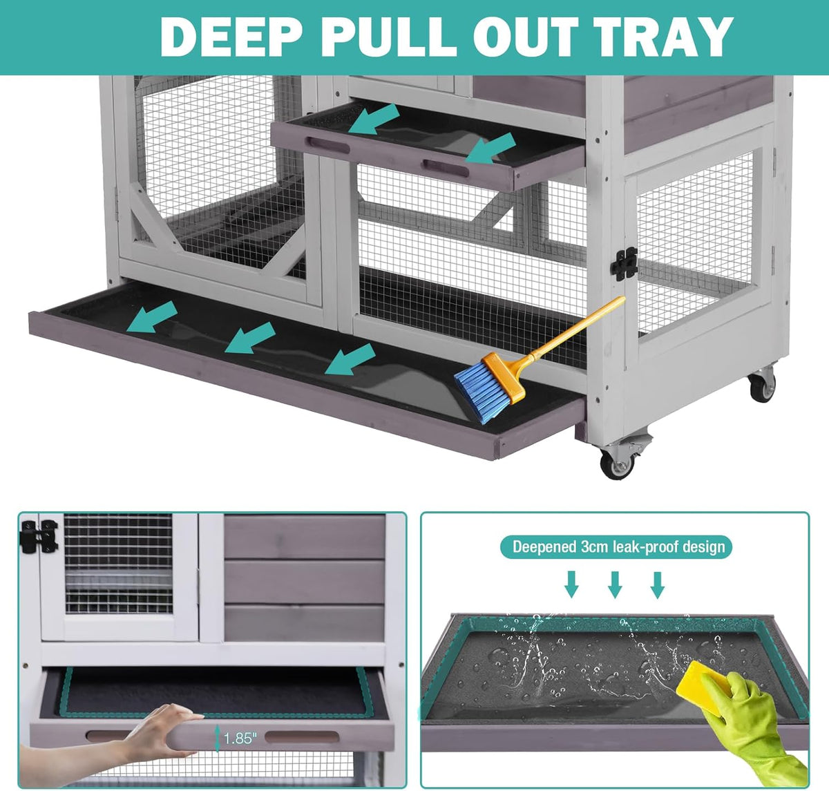 Rabbit Hutch Indoor for 2-4 Rabbits & Guinea Pigs，Bunny Cage with Slide-Out Plastic Trays，Wooden