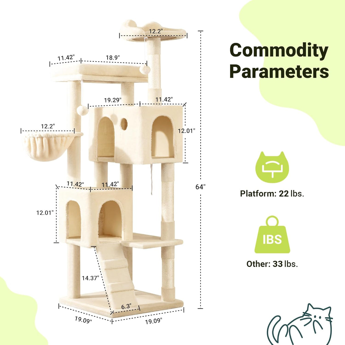 Allewie 64 Inches Cat Tree Tower/Multi-Level Activity Center for Indoor Big Felines/2 Plush