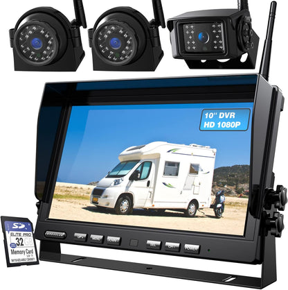 1080P Wireless Backup Camera System with 10 Inch DVR 4 Split Monitor, IP69 Waterproof Stable Signal