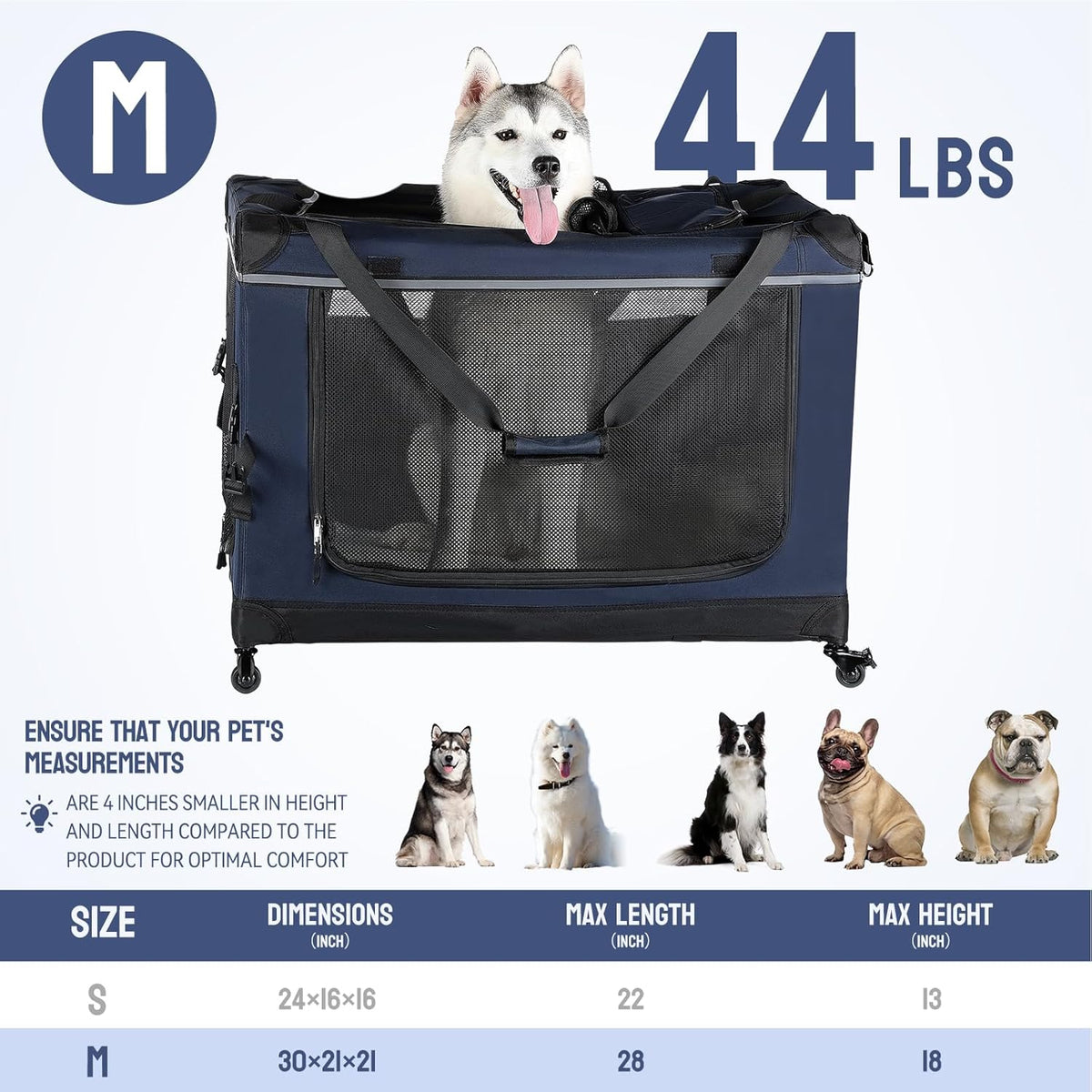 30IN Soft Collapsible Dog Crate w Detachable Wheels, Rolling Travel Dog Crate for Medium Breed