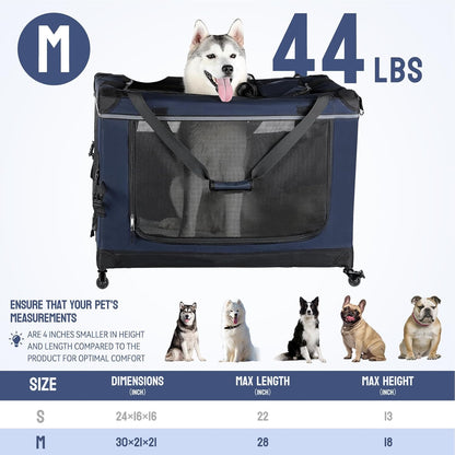 30IN Soft Collapsible Dog Crate w Detachable Wheels, Rolling Travel Dog Crate for Medium Breed