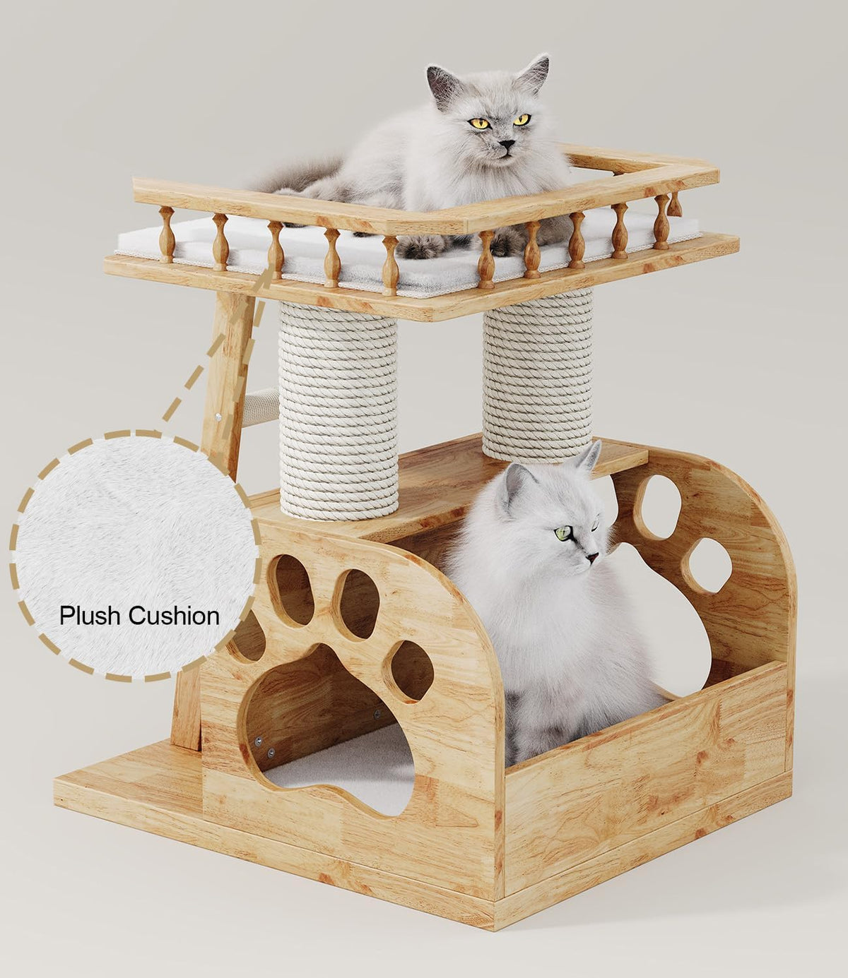 Modern Solid Wooden Cat Tree Tower, 25" Luxury Cats Trees Condo with Scratching Post, 2 Level Heavy