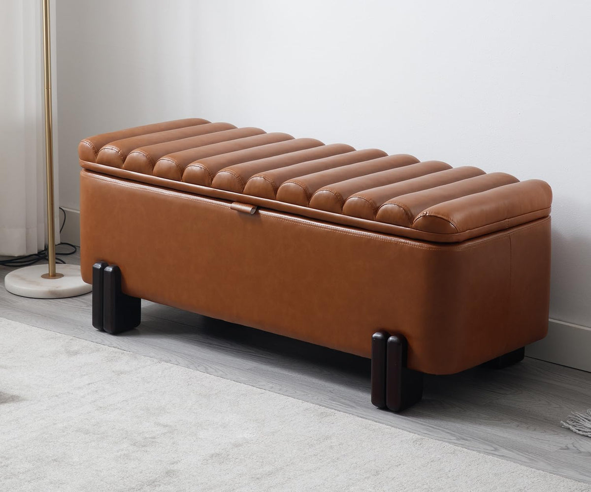Kmax 45" Storage Bench PU Leather Entryway Bench Upholstered Ottoman Bench with Wavy Top & Safty