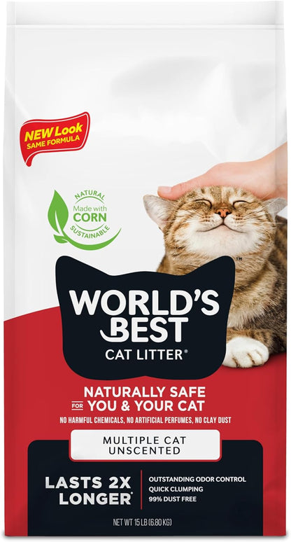 WORLD'S BEST CAT LITTER Multiple Cat Unscented, 15-Pounds - Natural Ingredients, Quick Clumping