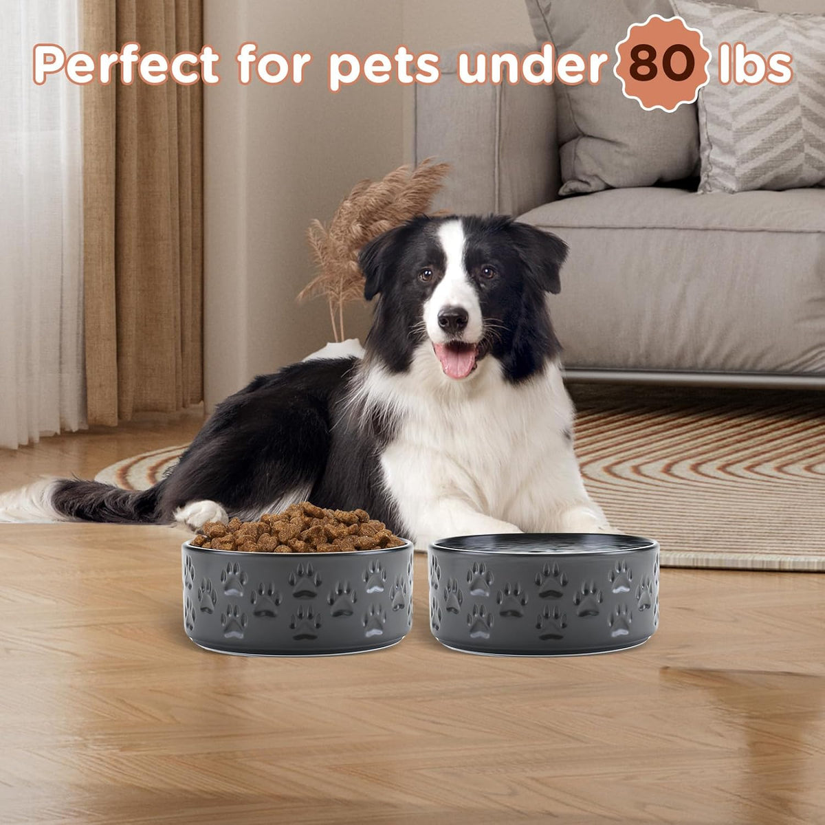 SPUNKYJUNKY Ceramic Dog Bowls 2 Pack, 7.3'' Dog Food Water Double Feeding Bowls Non-Slip for Medium