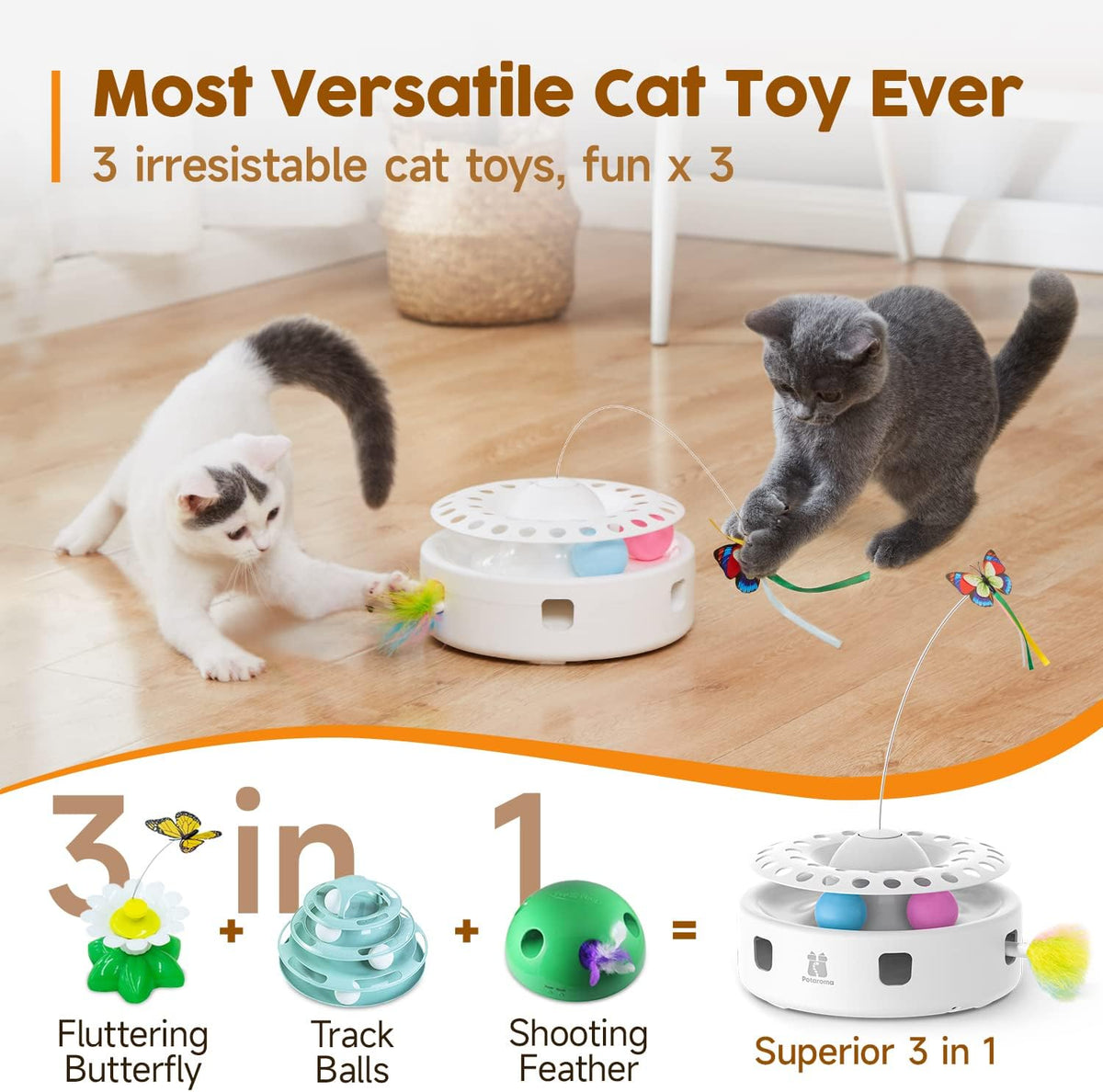Potaroma Cat Toys 3in1 Automatic Interactive Kitten Toy, Fluttering Butterfly, Moving Feather