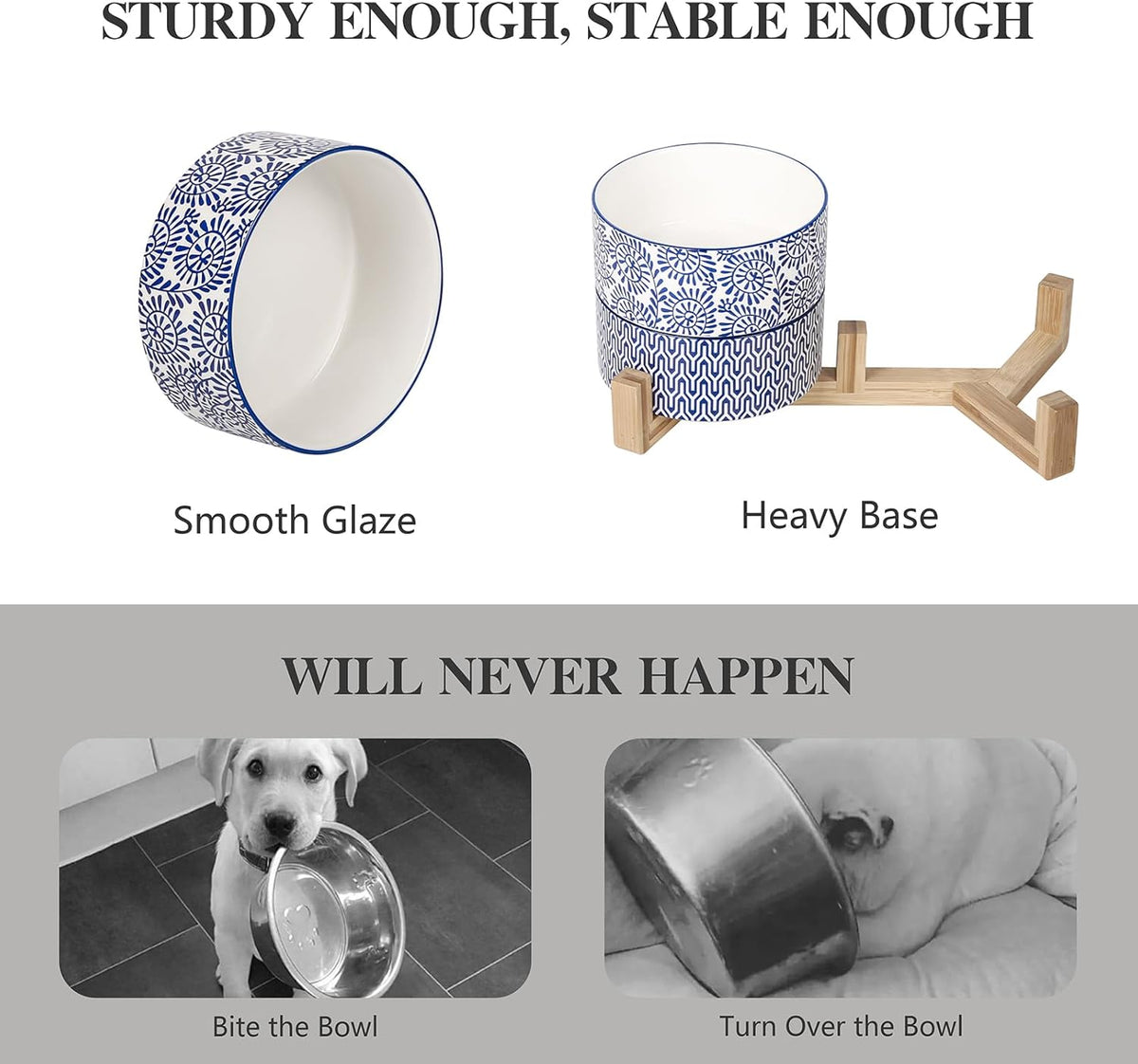 Selamica Ceramic 30 OZ Dog Bowls, Dog Food and Water Bowls with Wooden Stand, Anti-Slip Dog Dishes