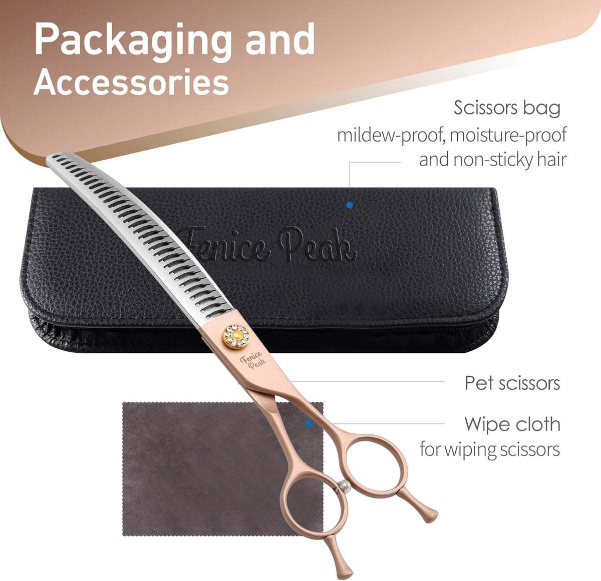 Fenice Peak Professional Curved Chunker Dog Grooming Scissors 7.0'' Rose Gold Thinning Shears