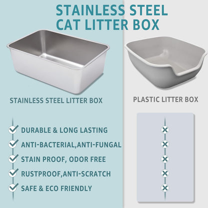 Stainless Steel Litter Box,XXL Metal Cat Litter Box for Big Cats 8IN Deep, Cat LitterBox High Sided
