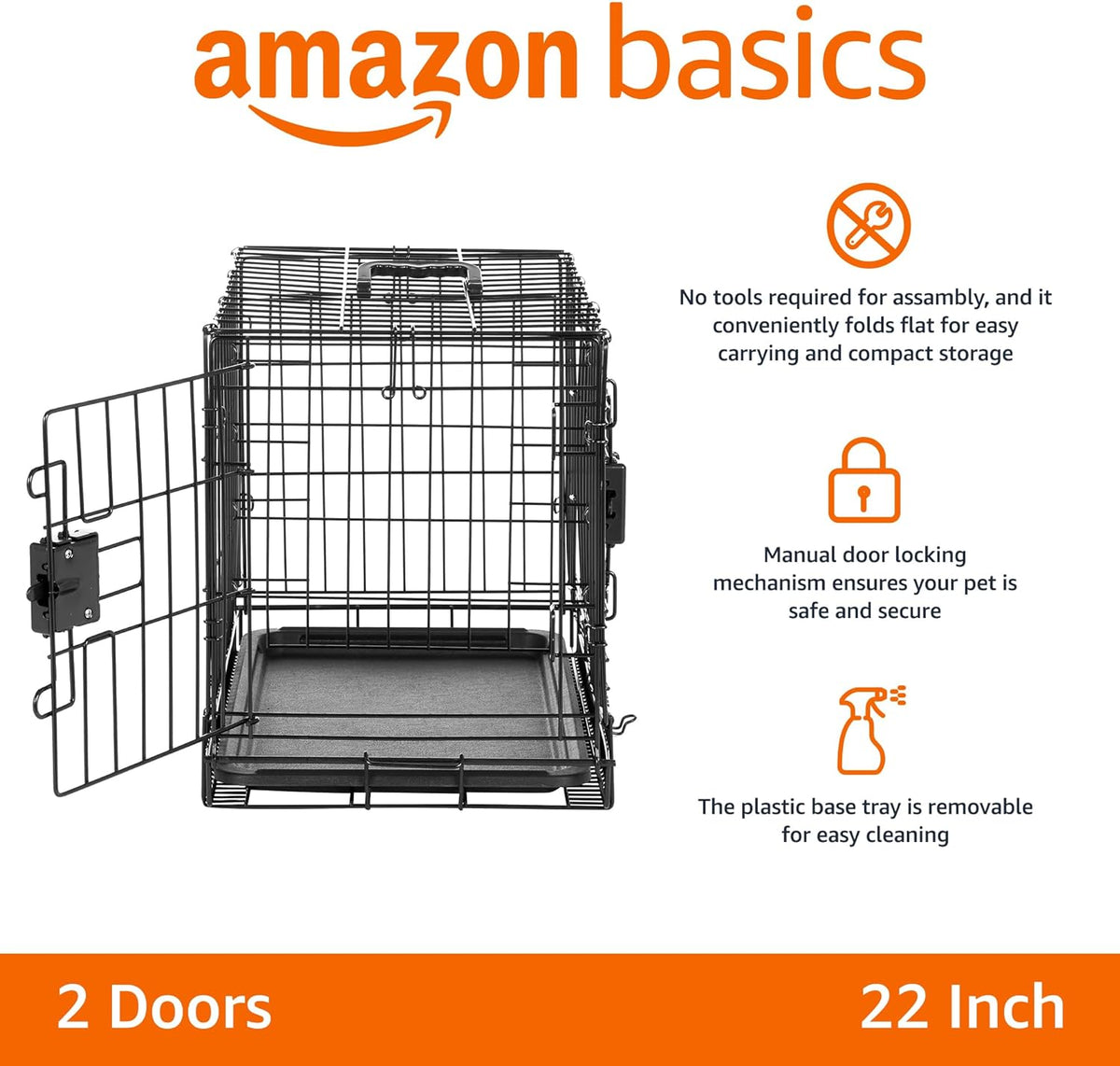 Amazon Basics Durable,Foldable Metal Wire Dog Crate with Tray, Double Door, Divider, 22 x 13 x 16