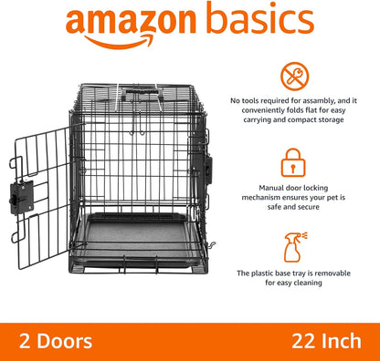 Amazon Basics Durable,Foldable Metal Wire Dog Crate with Tray, Double Door, Divider, 22 x 13 x 16