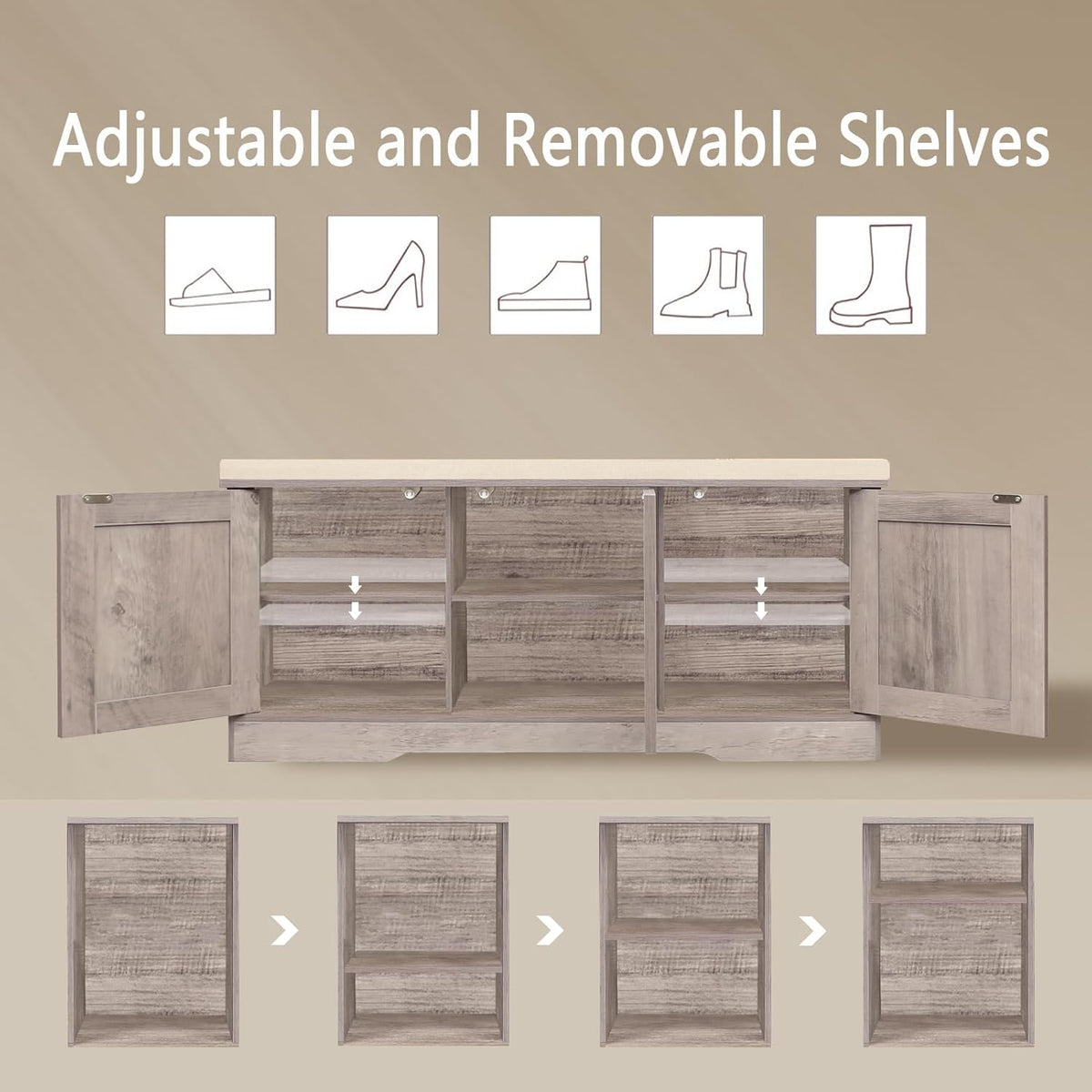 DINZI LVJ Shoe Bench, Entryway Storage Bench with Doors, Cushion, 2-Tier Shoe Rack with 6-Cubby