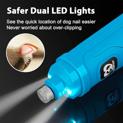 Casfuy Dog Nail Grinder with 2 LED Light - New Version 2-Speed Powerful Electric Pet Nail Trimmer