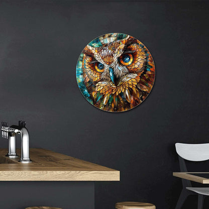 Lygond Metal Sign Tin Sign Circular Stained Glass Owl Metal Garden Sign for Club 12×12 Inches
