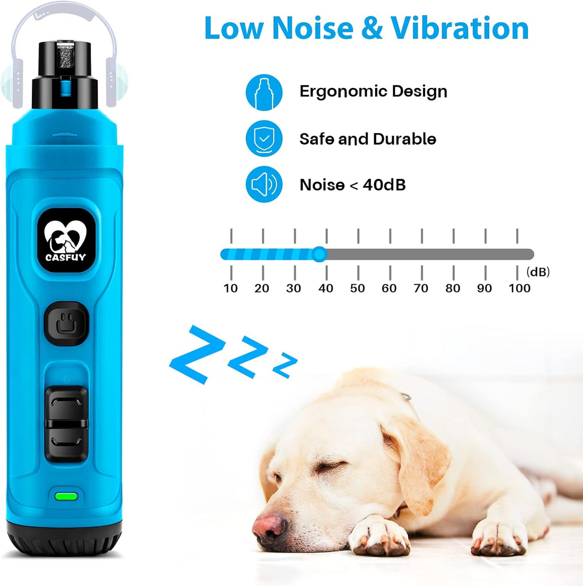 Casfuy Dog Nail Grinder with 2 LED Light - New Version 2-Speed Powerful Electric Pet Nail Trimmer
