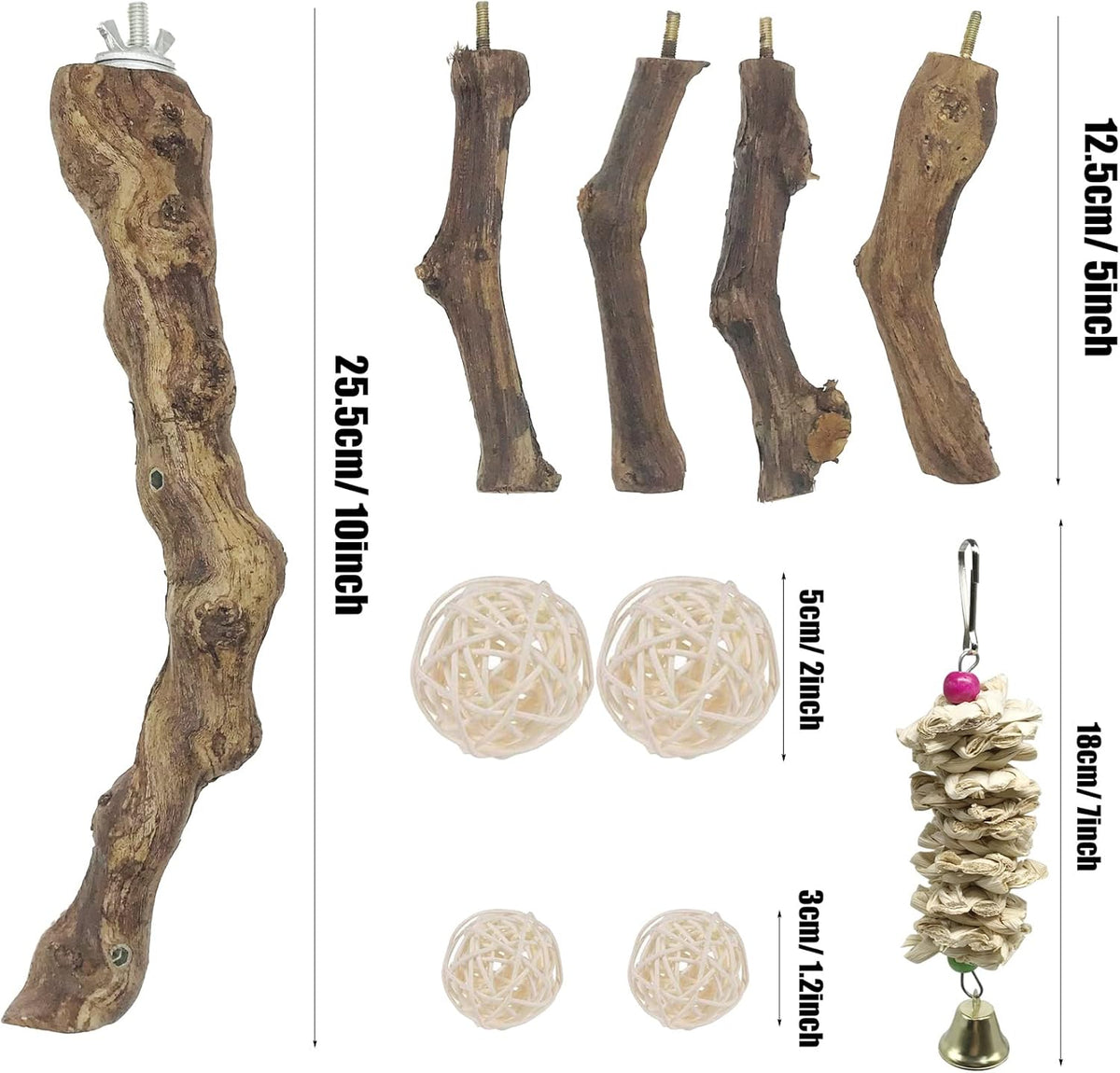 Allazone 6 PCS Bird Perch Natural with Chewing Toys Natural Grapevine Bird Stand Grape Stick