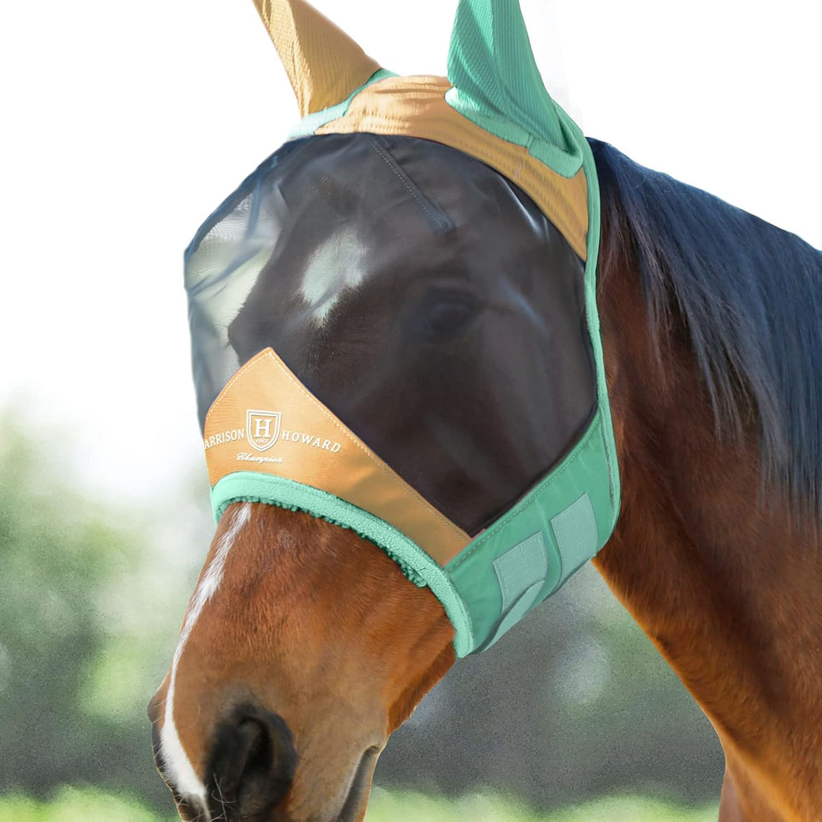 Harrison Howard Pro Luminous Horse Fly Mask Standard with Ears UV Protection for Horse Champagne