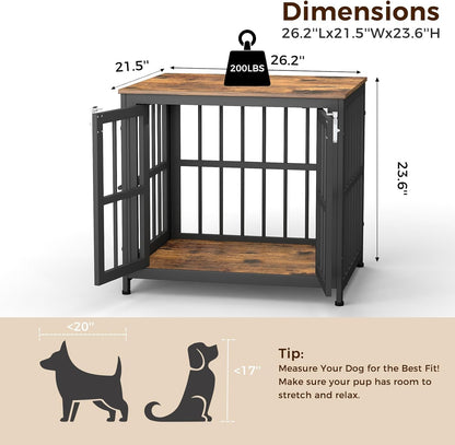 26 Inch Heavy Duty Wooden Dog Kennel End Table with Double Door Design and Secure Locks, Indoor Pet