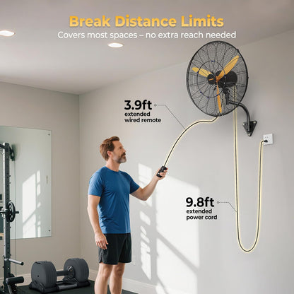 24 Inch Oscillating Misting Wall Mount Fan, Extra Long 3.9ft Wired Remote and 9.8ft Power Cord