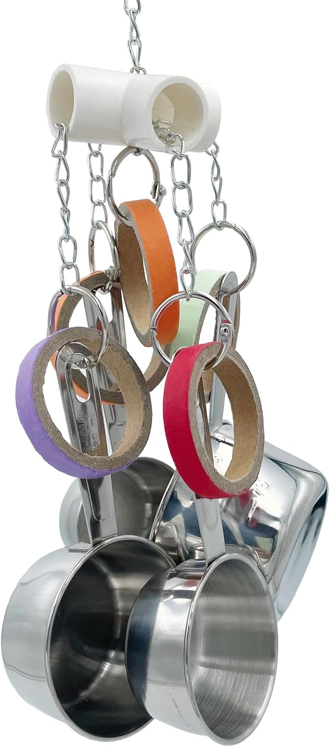 Durable Bird Parrots Pots and Bagel Toys, Pullable Stainless Steel Cup and Cardboard Ring Toys for