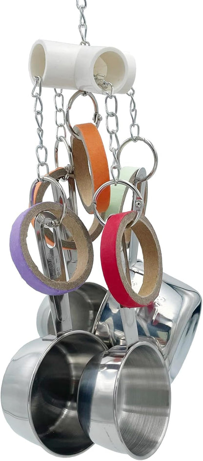 Durable Bird Parrots Pots and Bagel Toys, Pullable Stainless Steel Cup and Cardboard Ring Toys for