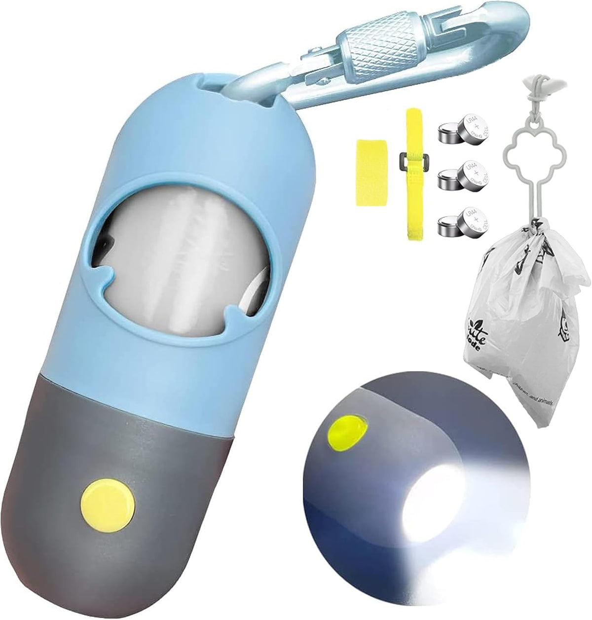 Dog Poop Bag Dispenser with Built-in LED Flashlight and Metal Clip for Leash, Pet Waste Bag Holder