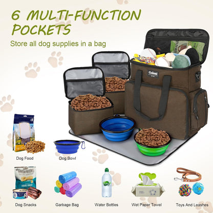 Dog Travel Bag Airline Approved–Pet Travel Tote with Collapsible Bowls,Food Containers & Feeding