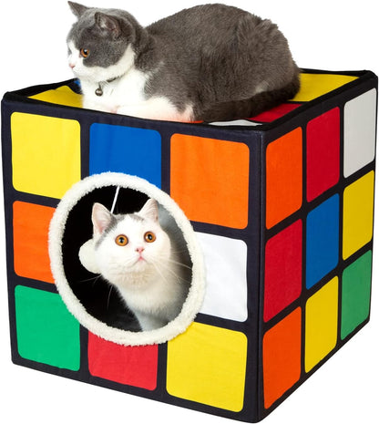 LUCKITTY Cat Condo House with Reversible Cushions and Fluffy Ball Hanging, Foldable Magic Cube