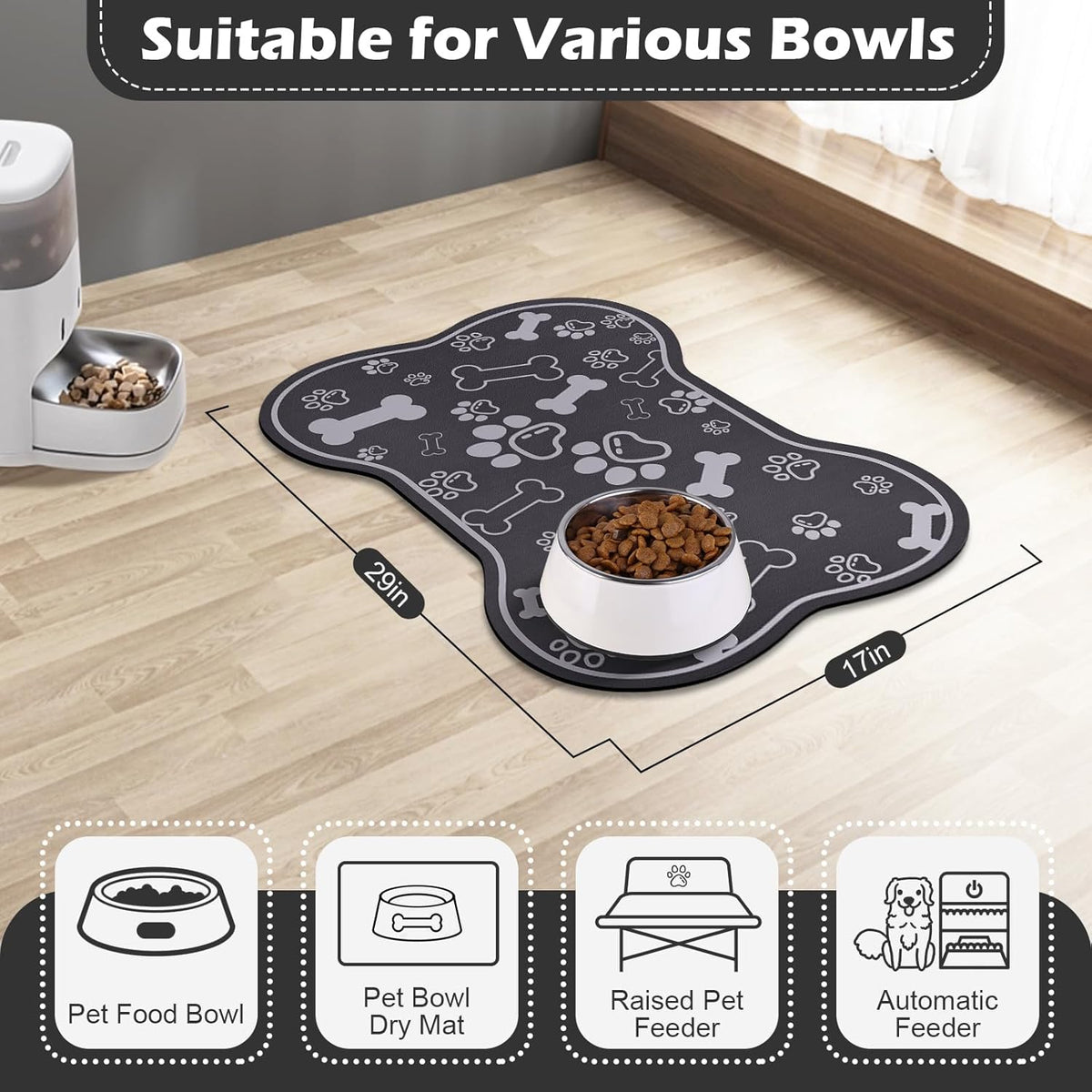 Dog Cat Food Mat,Rapid AbsorbentPet Feeding Mat, Bone Shaped Dog Placemat Water Bowl Mat with