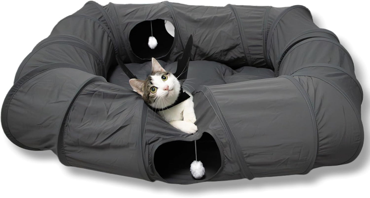 XxingSheep 4 Ways Shuttled XL Cat Tunnel Bed for Indoor Cats Peekaboo Cat Cave Donut with Cool Mat