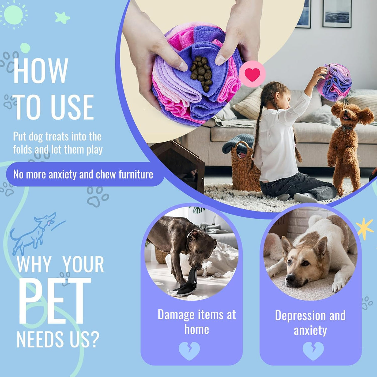 Pet Snuffle Ball, Puzzle Sniffing Interactive Dog Ball for Blind Dogs Training Stress Relief Dog