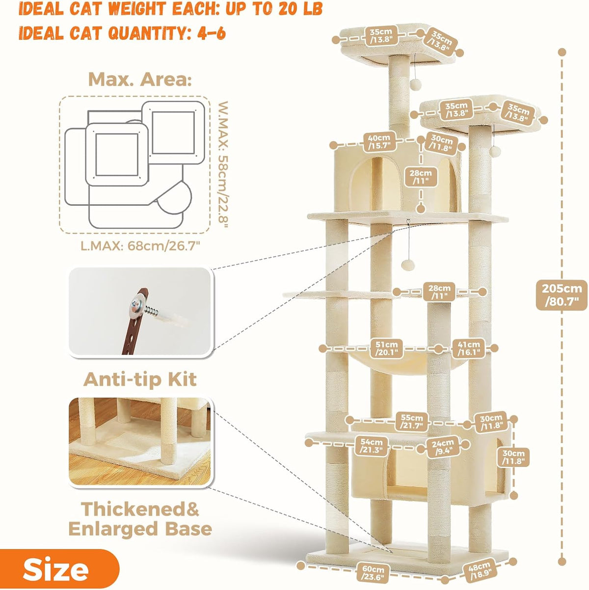 PAWZ Road Heavy Duty Cat Tree for Large Cats, 81 Inches Tall Cat Tower with 2 Perches, 2 Condos and