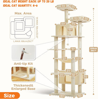 PAWZ Road Heavy Duty Cat Tree for Large Cats, 81 Inches Tall Cat Tower with 2 Perches, 2 Condos and