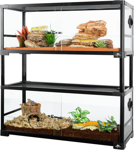 Double Stacked Reptile Tank, 30" x 12" x 32" Tall Reptiles Terrarium, Front Opening, Full Vision