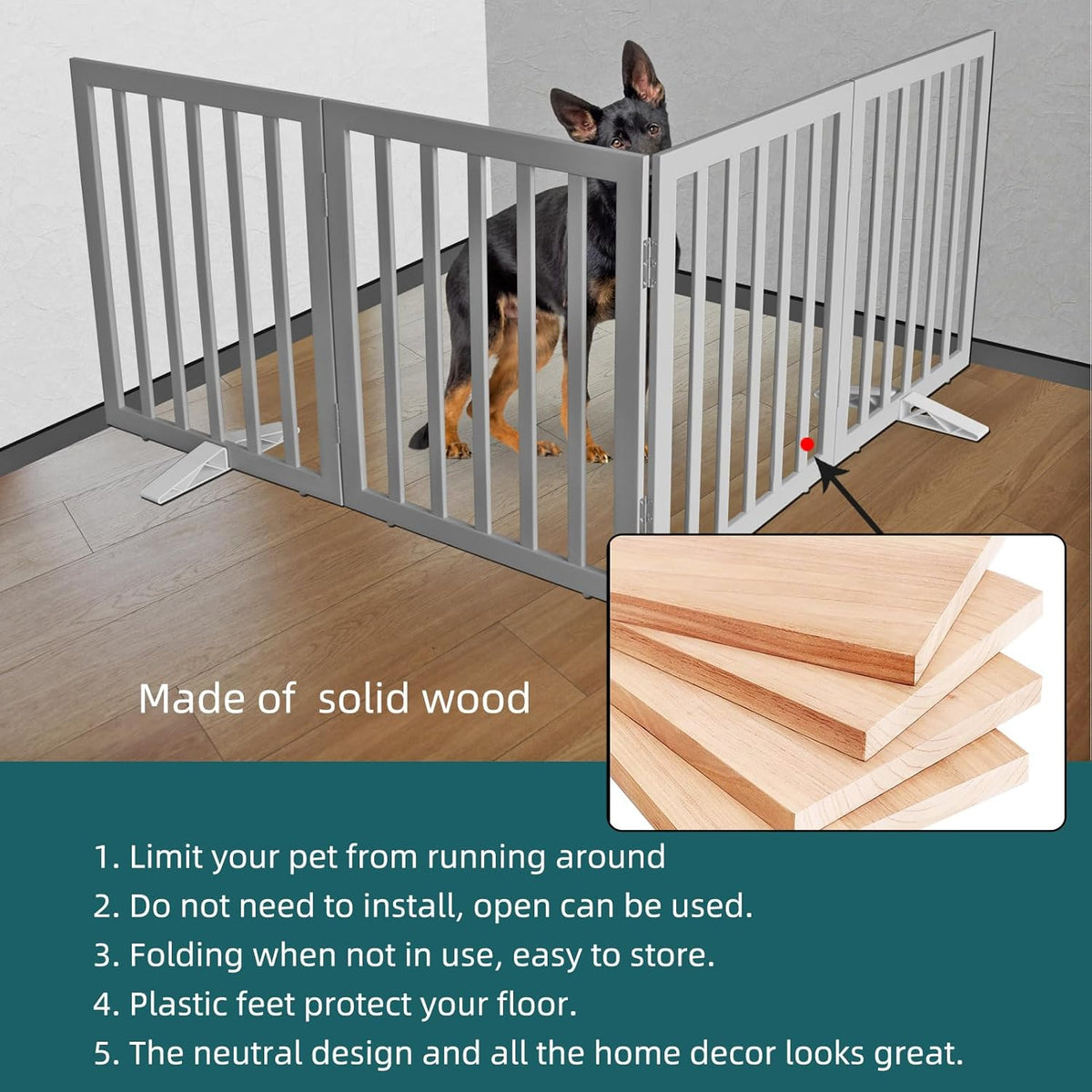 ZJSF Freestanding Indoor Dog Gate for House Foldable Wood Puppy Gate for Doorways Pet Gate for