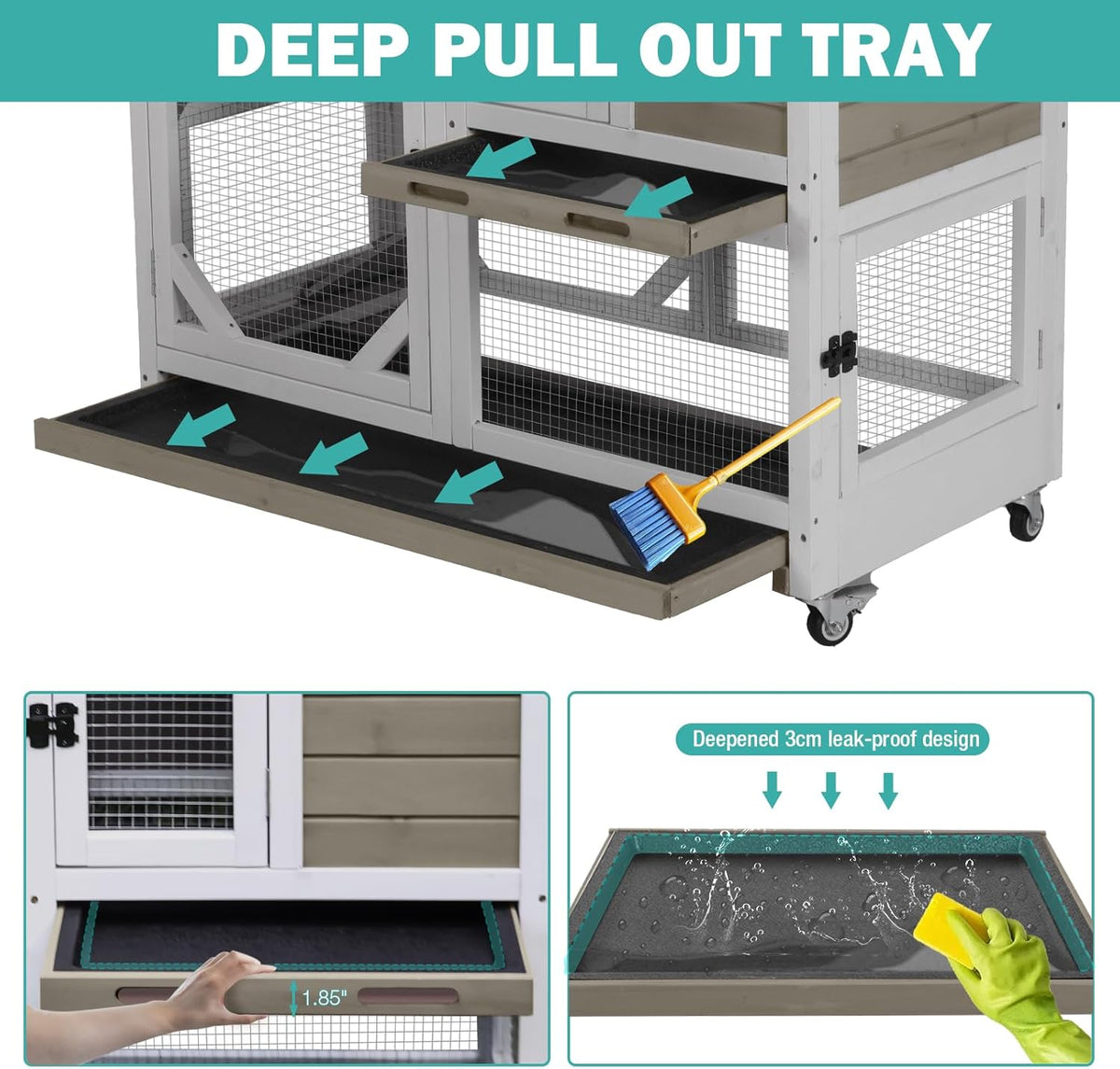 Rabbit Hutch Indoor for 2-4 Rabbits & Guinea Pigs，Bunny Cage with Slide-Out Plastic Trays，Wooden