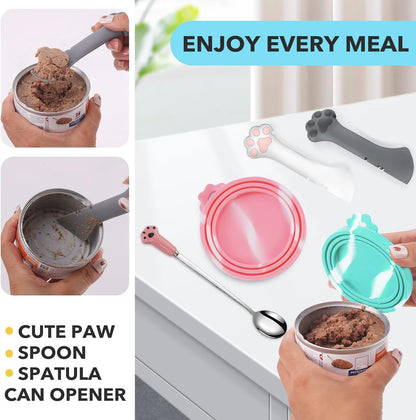 Comtim 5 PCS Pet Food Can Lids & Spoons Set - Silicone Dog Cat Food Can Covers Lids