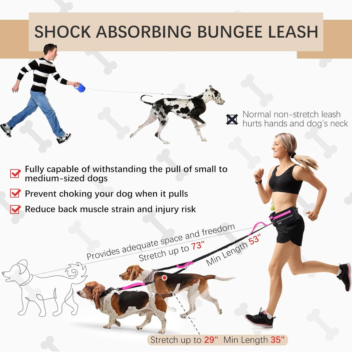 Hands-Free Dog Leash with Pouch, Waist Leash for Walking Two Dogs, Reflective Stitching, Dual