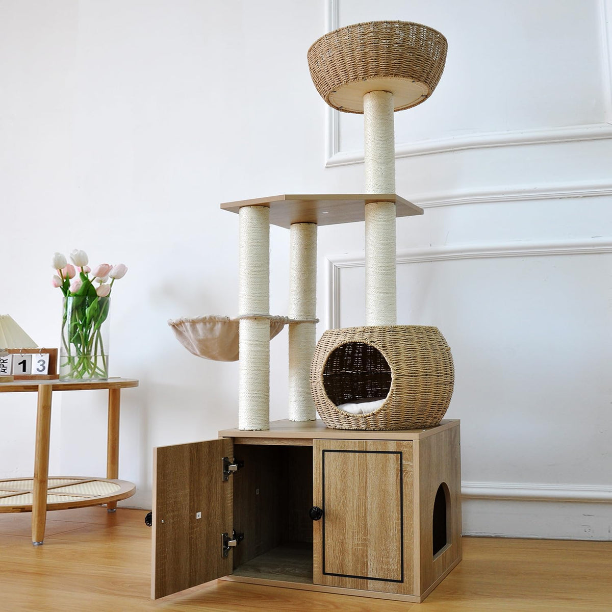 56.7" Tall Rattan Cat Tree for Indoor Cats, Multi-Level Wooden Cat Tower with Scratching Posts
