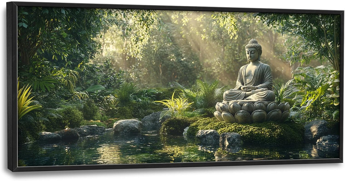 Large Buddha Forest Wall Art for Living Room, Framed Oversized Tree Lake Wall Decor, Nature