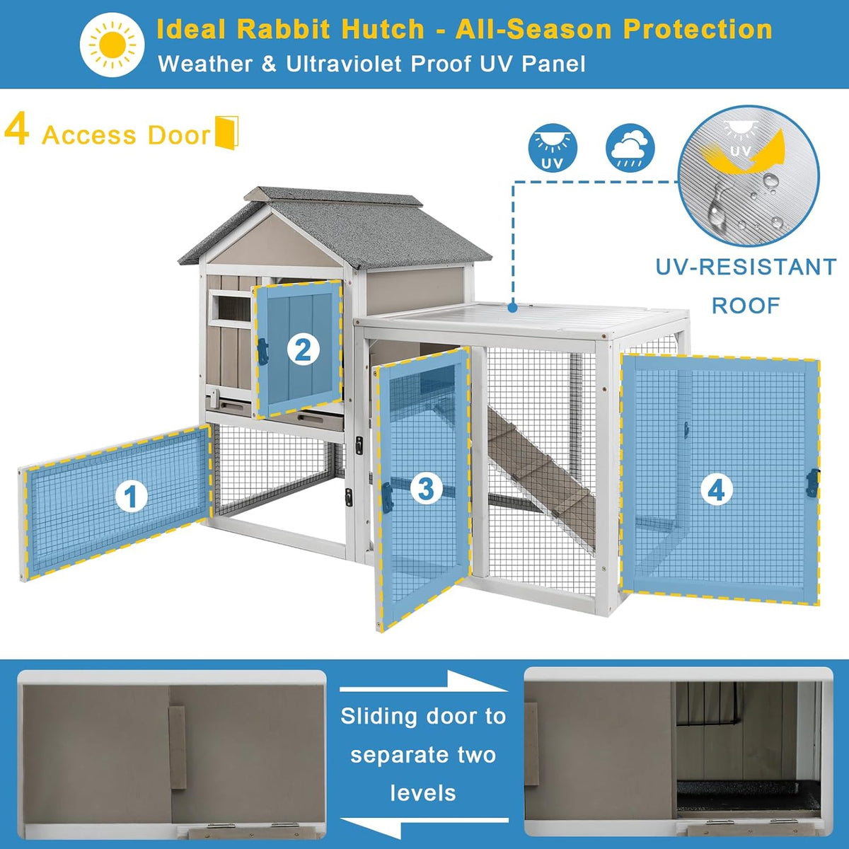 48" L Rabbit Hutch Outdoor Indoor Bunny Hutch Weatherproof, 2-Story Wood Rabbit Cage with Deep