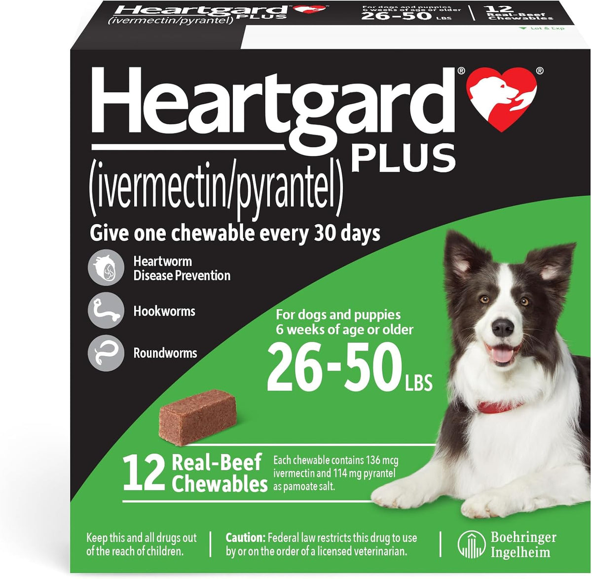 HEARTGARD® Plus (ivermectin/pyrantel) Real-Beef Chewables for Dogs 26-50 lbs (Green Box) 12 Month