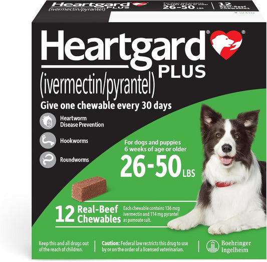 HEARTGARD® Plus (ivermectin/pyrantel) Real-Beef Chewables for Dogs 26-50 lbs (Green Box) 12 Month