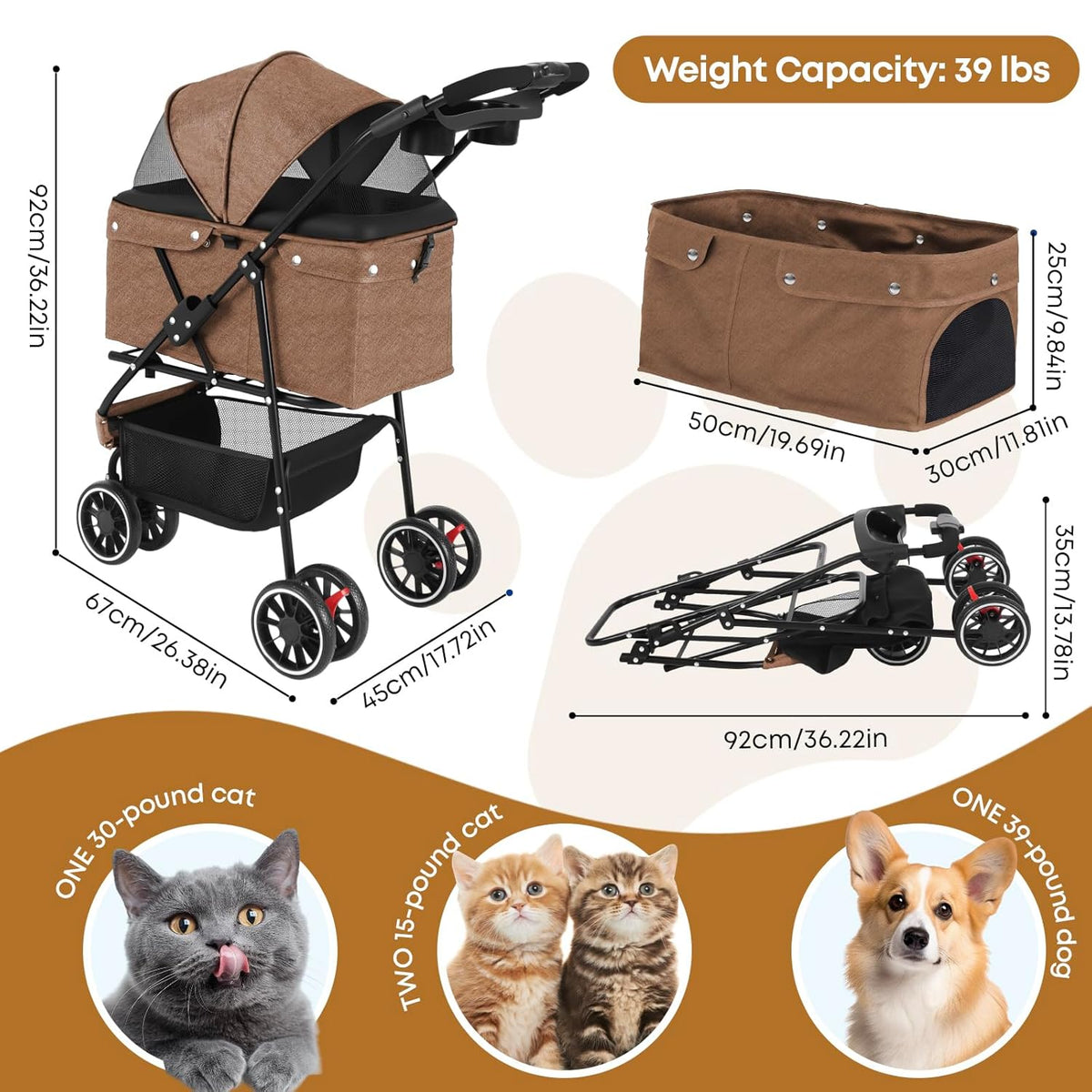 Pet Stroller,Dog Stroller for Small Medium Dogs Cats,3 Wheels,Foldable,with Breathable Mesh