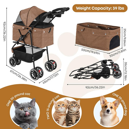 Pet Stroller,Dog Stroller for Small Medium Dogs Cats,3 Wheels,Foldable,with Breathable Mesh