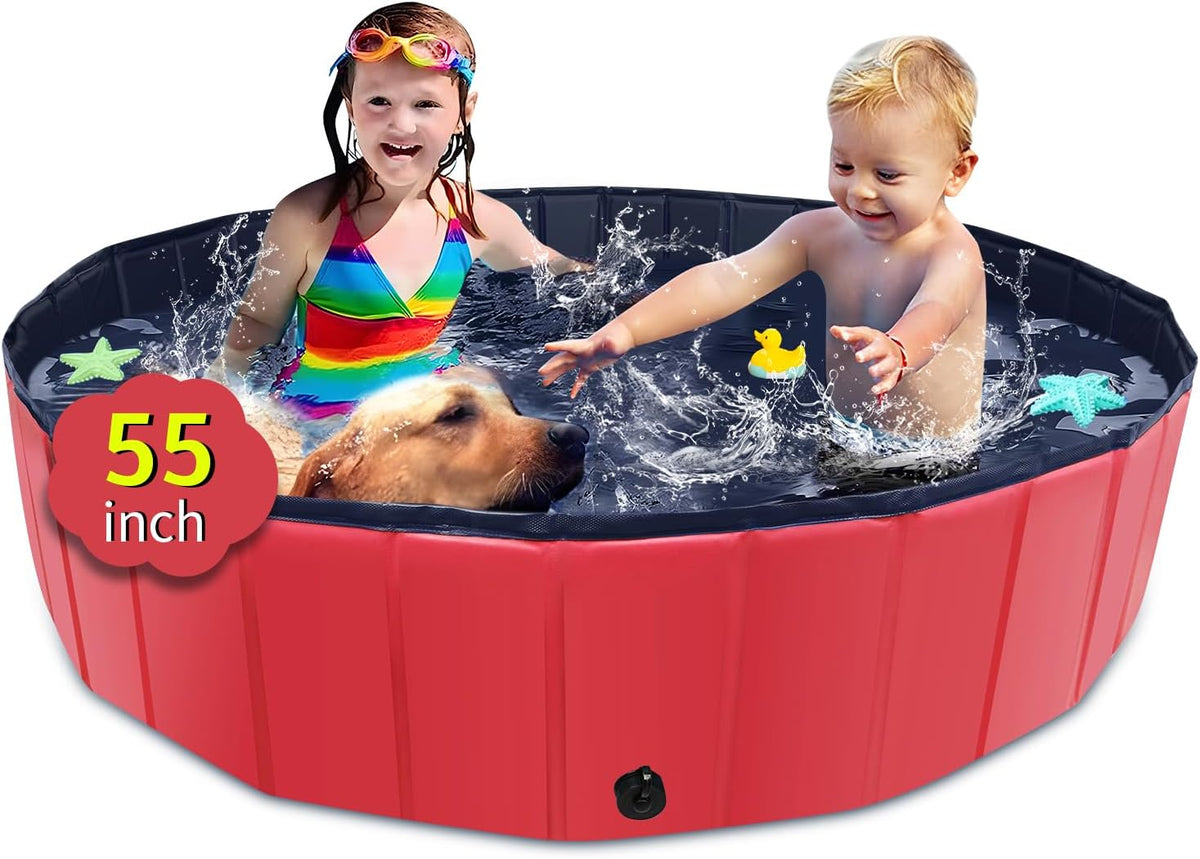 Foldable Dog Pool, 55" x 12" Kiddie Pool with Hard Plastic, Non-Slip Dog Bath Tub for Outdoor